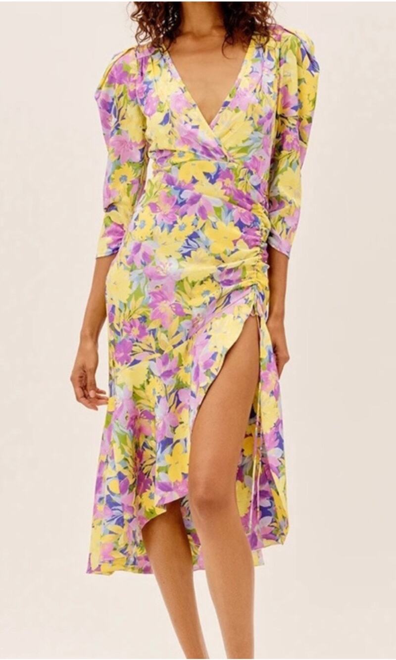 For Love and Lemons Cassia Dress Size 1X NWT Yellow Floral Ruched Midi Cocktail